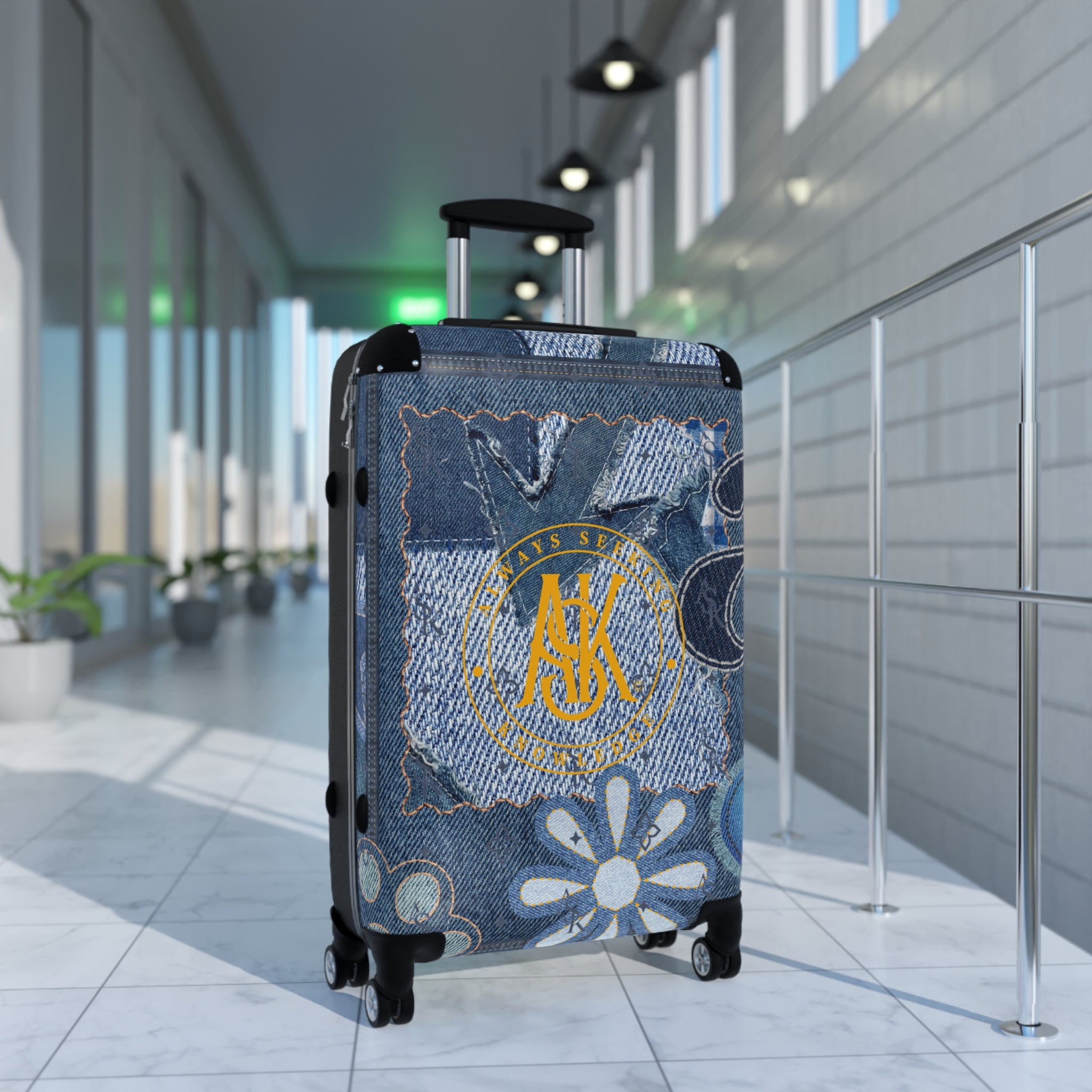 Denim Patch Monogram Suitcase – Personalized Floral & Jean Print Carry-On