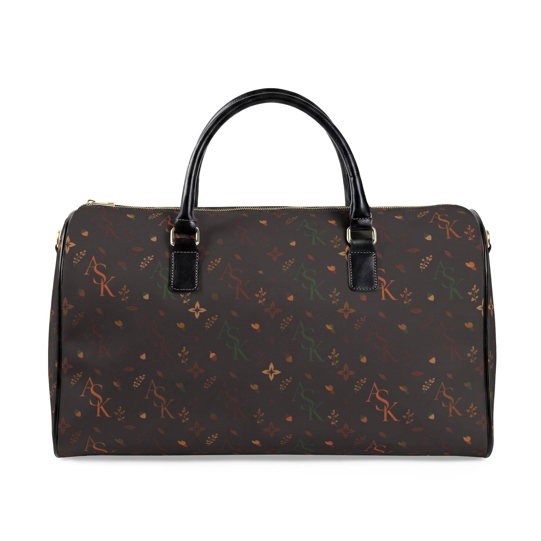 Brown Floral Monogram Duffle Bag — Faux Leather Travel Weekender