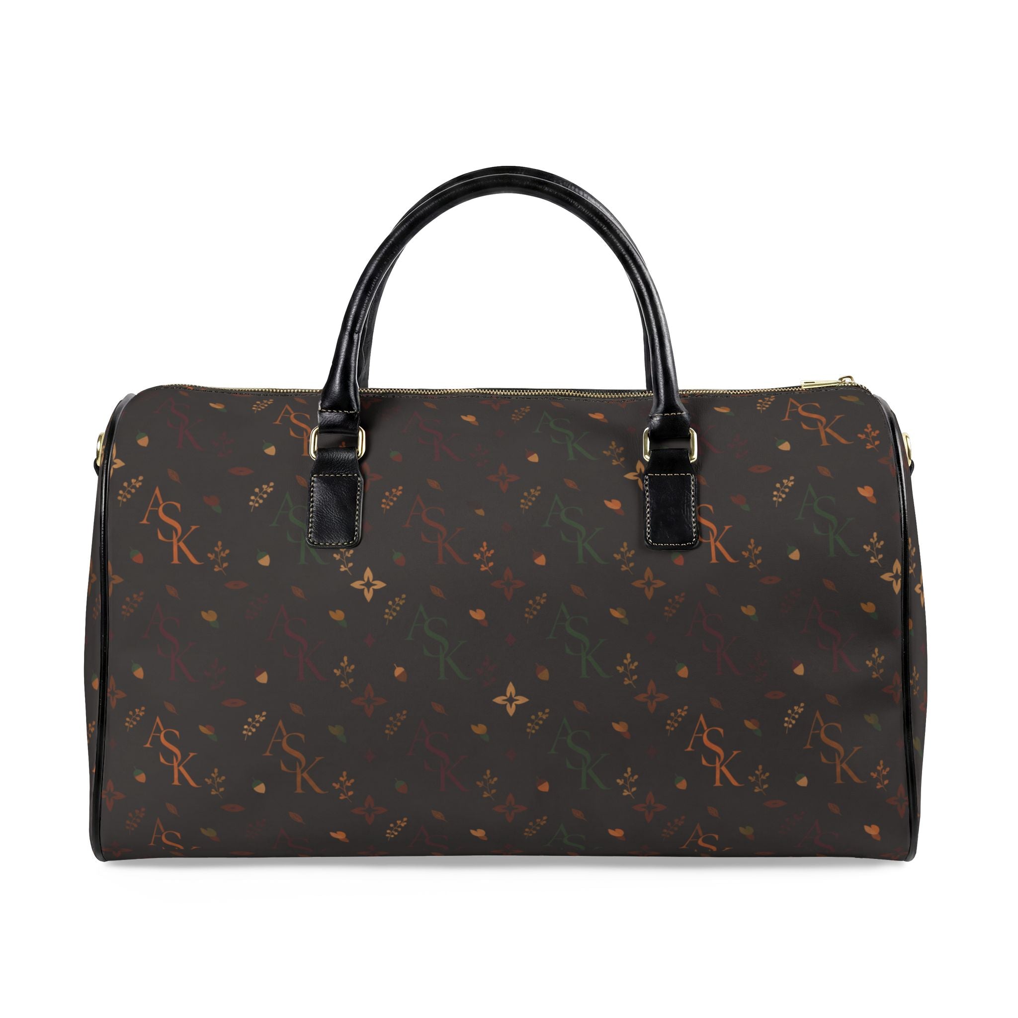 Brown Floral Monogram Duffle Bag — Faux Leather Travel Weekender